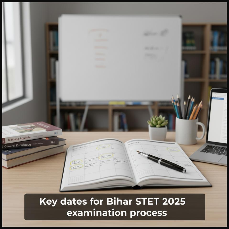 Close-up of a calendar or planner highlighting important dates for the Bihar STET 2025 examination process.