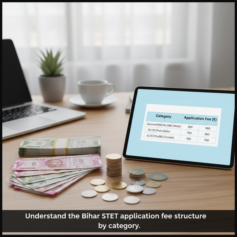 Indian Rupee currency notes and coins on a desk, next to a displayed fee structure for Bihar STET application.