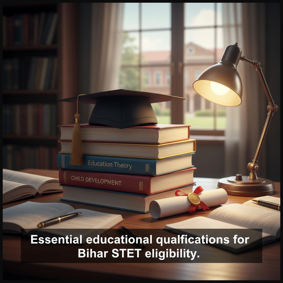Stack of academic books, a graduation cap, and a rolled-up diploma, representing Bihar STET eligibility criteria.
