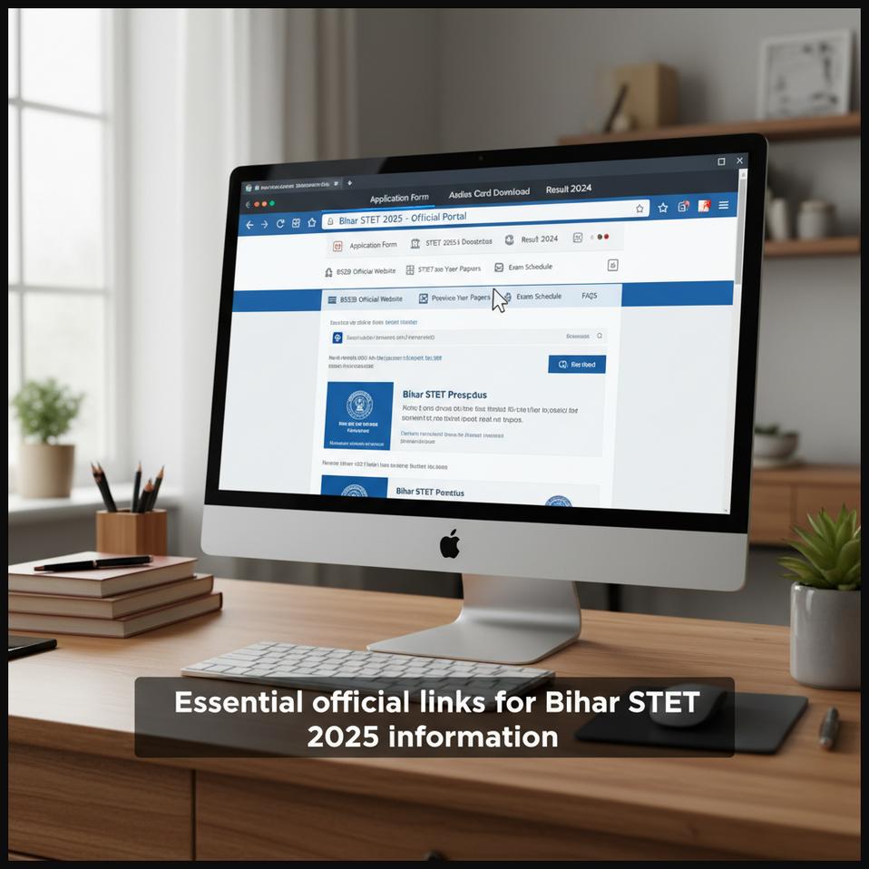 A computer screen showing a web browser with multiple tabs and links, representing important official links for Bihar STET.