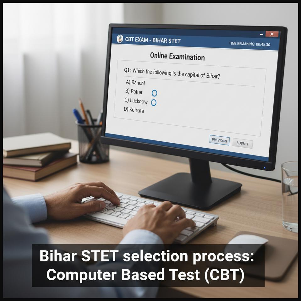 A candidate taking an online Computer Based Test (CBT) on a desktop computer, illustrating the Bihar STET selection process.