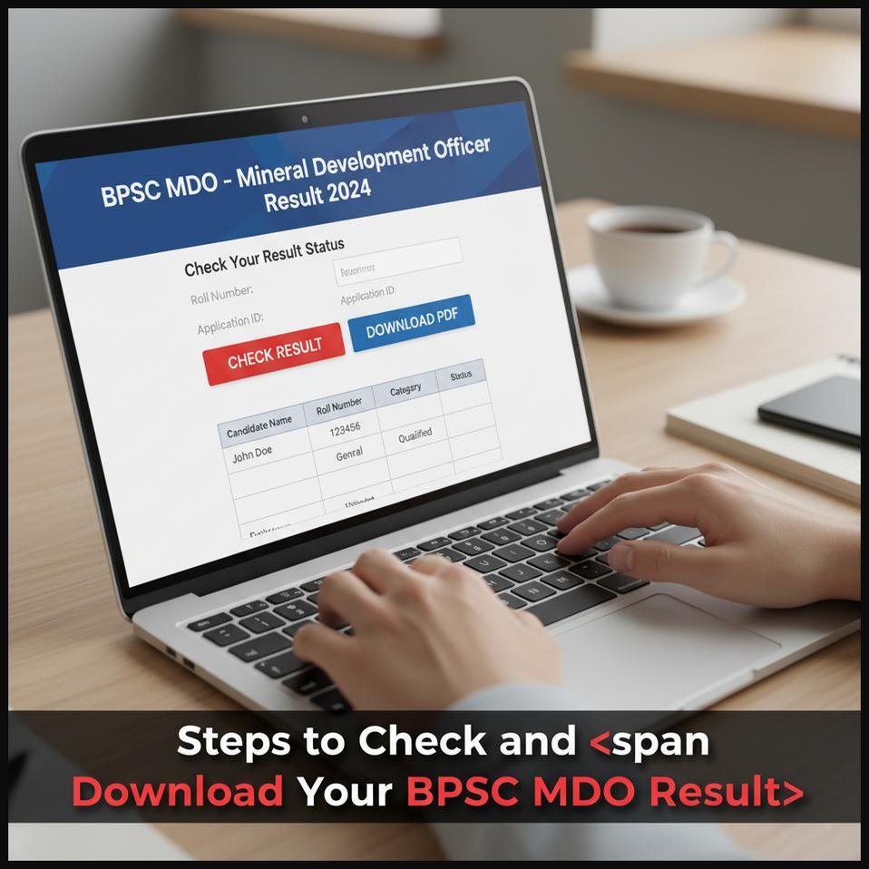 A person using a laptop to check and download their BPSC MDO final result from an official website.