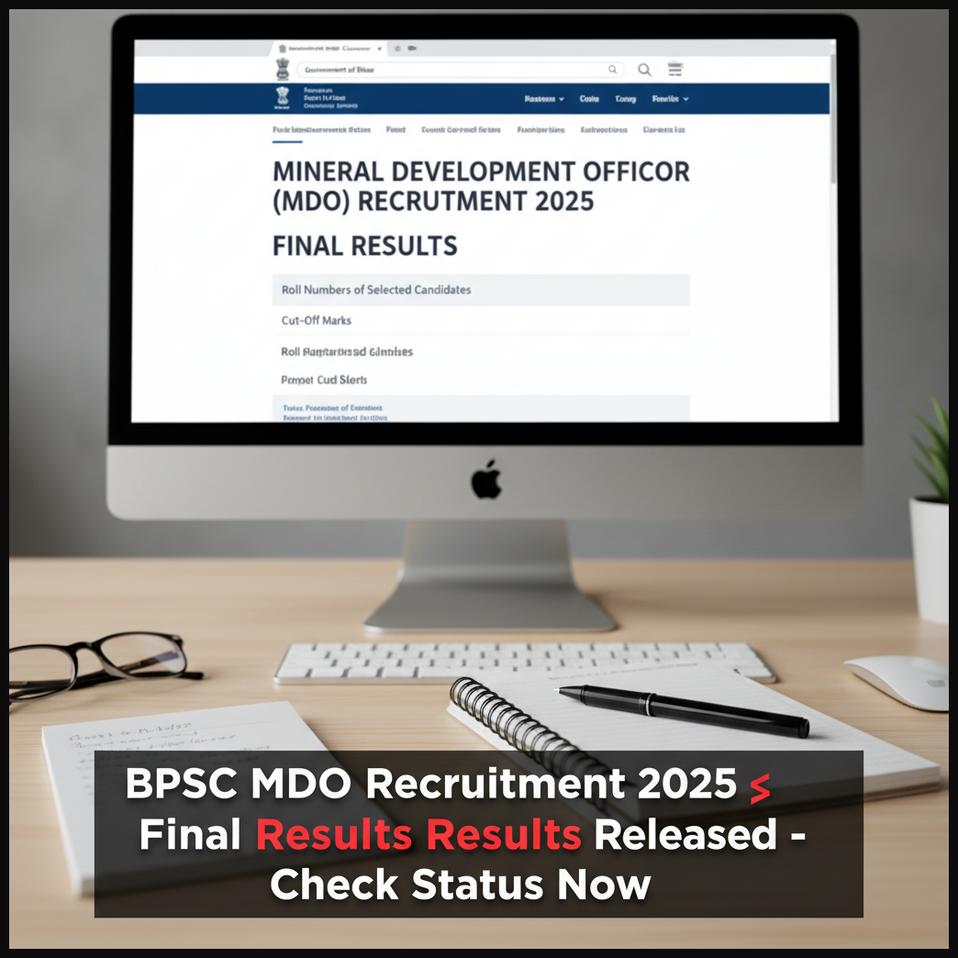 Official BPSC website displaying the final results for the Mineral Development Officer (MDO) Recruitment 2025, shown on a computer screen on a professional desk.