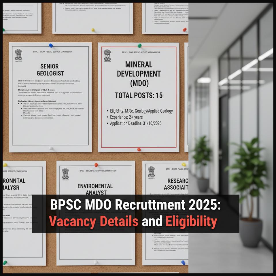 A professional notice board displaying job vacancy details for Mineral Development Officer (MDO) positions, highlighting 15 total posts.