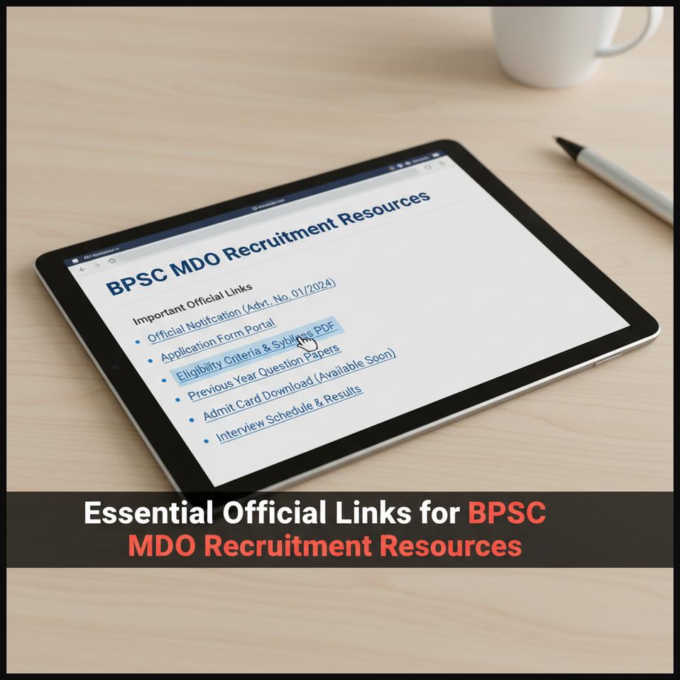 A tablet screen displaying a list of essential official links for BPSC MDO recruitment resources.