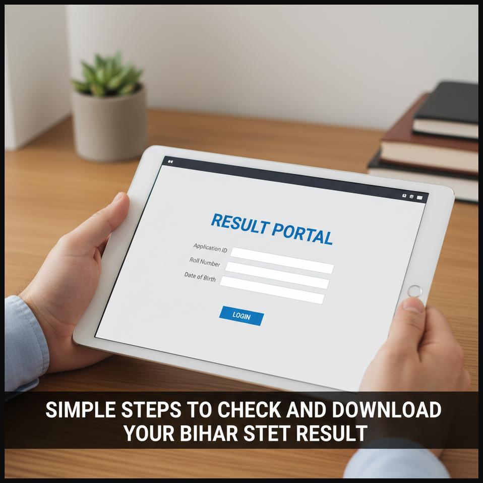 Hand holding a smartphone showing an online results portal, illustrating how to check and download Bihar STET results.