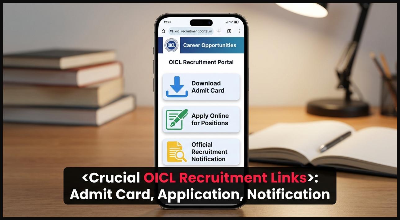 A digital tablet screen displaying various important links for OICL recruitment, including admit card and application portal.