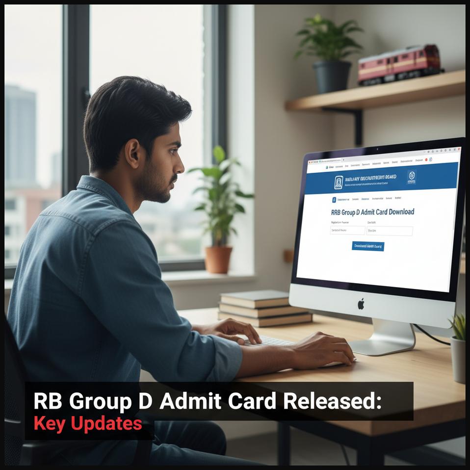 Candidate viewing RRB Group D admit card download page on a computer screen, symbolizing the latest update.