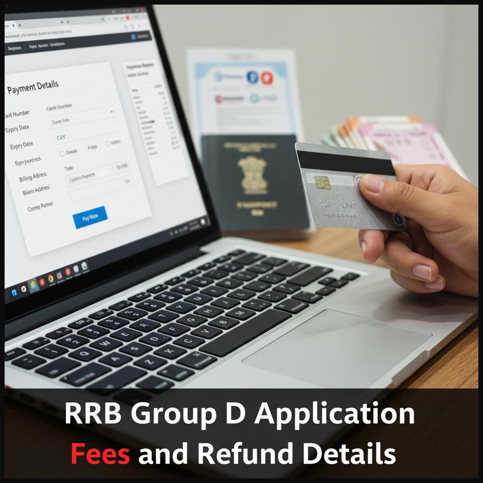 Hands preparing to make an online payment, illustrating RRB Group D application fees and refund information.