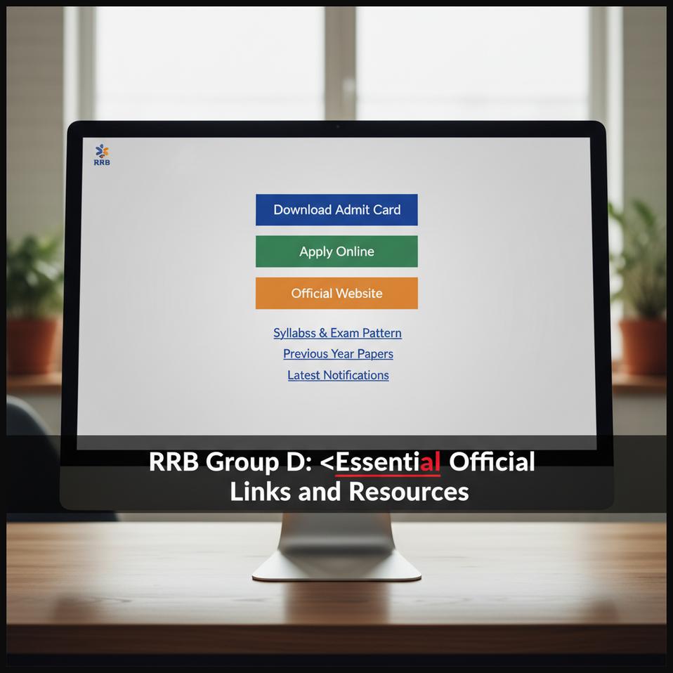 Computer screen displaying various essential official links for RRB Group D information and downloads.