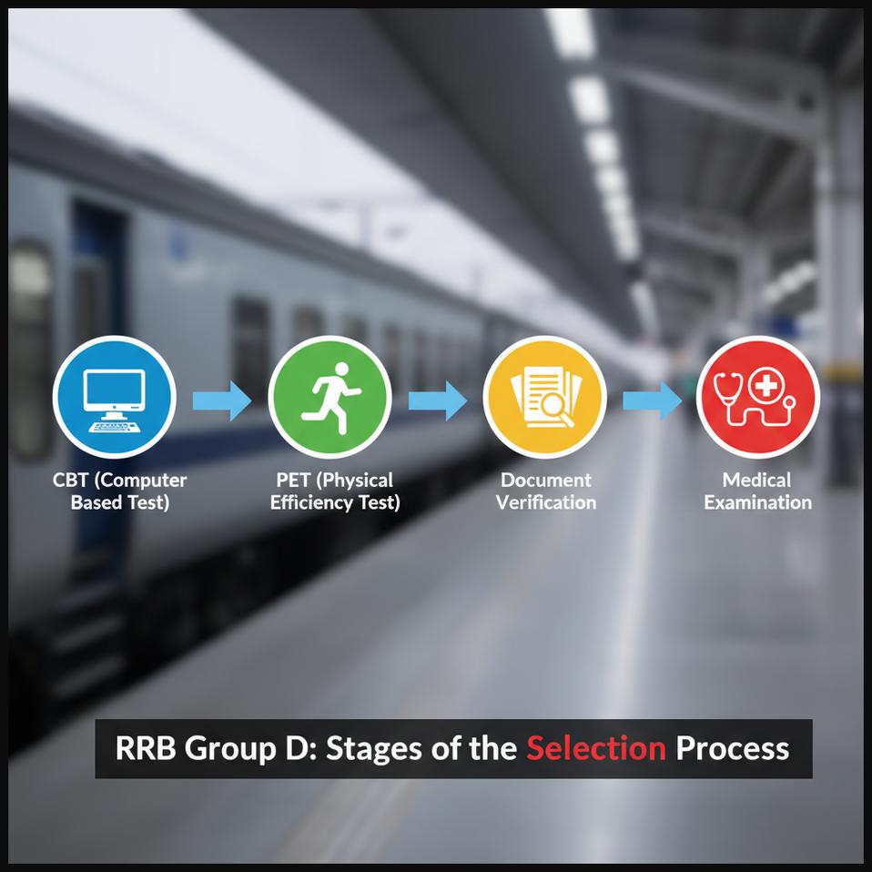 Visual representation of the multi-stage selection process for RRB Group D candidates.