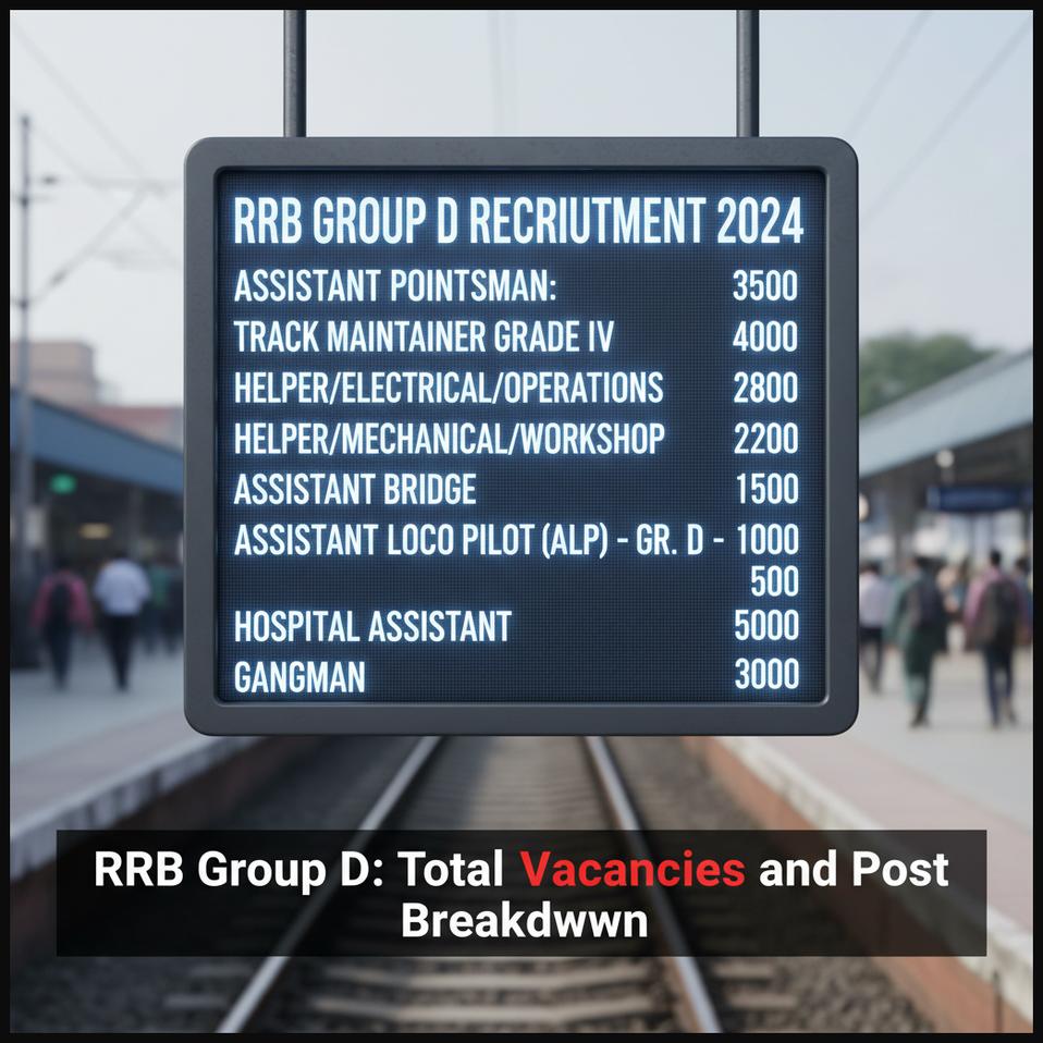 Digital board showing a comprehensive list of RRB Group D vacancies across different posts.