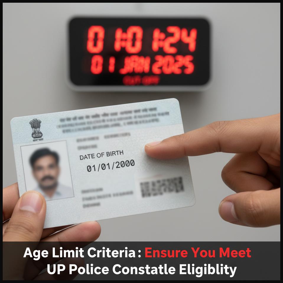 A hand pointing to a date of birth on an ID card, representing the age limit criteria for police recruitment.