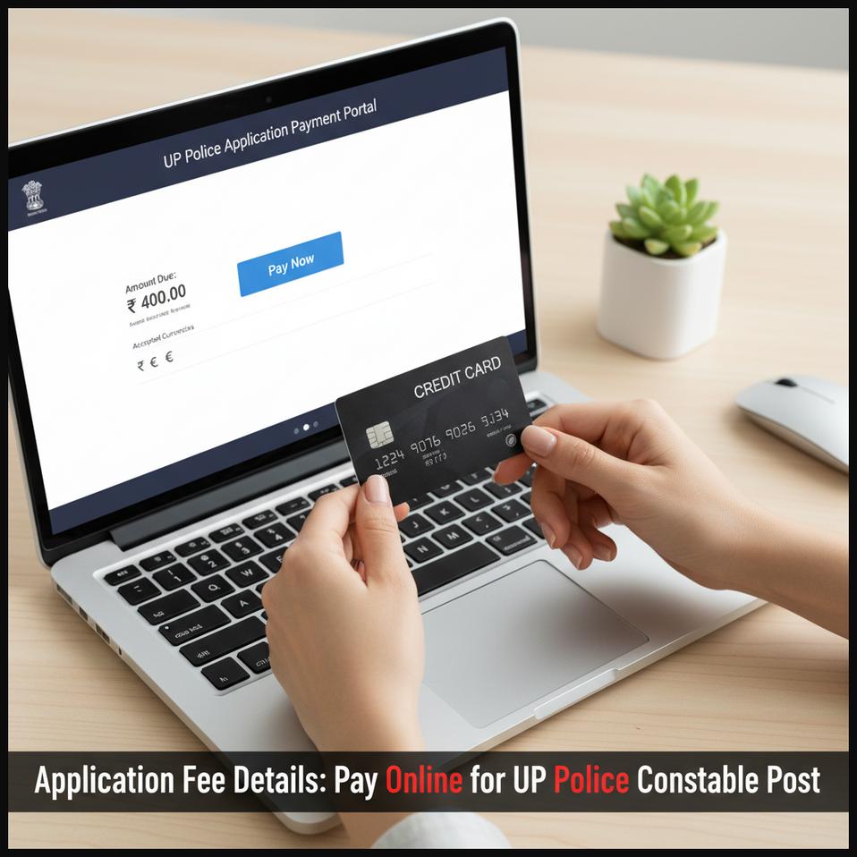 Hands holding a credit card, preparing to make an online application fee payment for police recruitment.