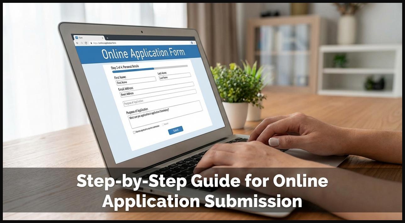 Hands typing on a laptop, filling out an online application form for a job recruitment.