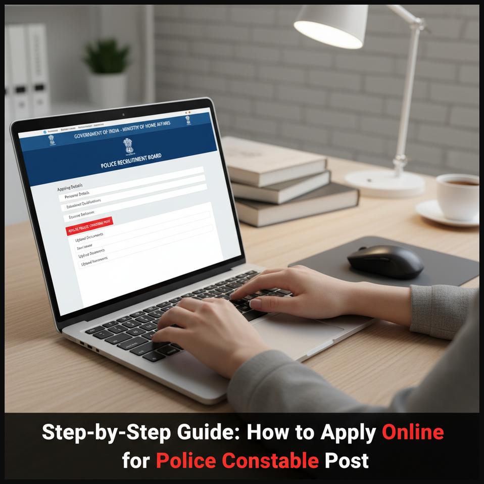 Person filling out an online application form for police constable recruitment on a laptop.