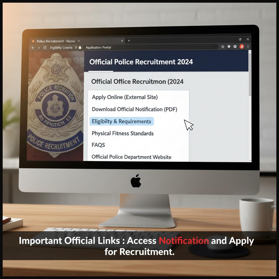 A computer screen displaying important official links for UP Police Constable recruitment, including application and notification.