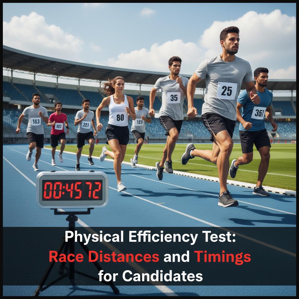Candidates running a race on an athletic track, demonstrating the Physical Efficiency Test for police.