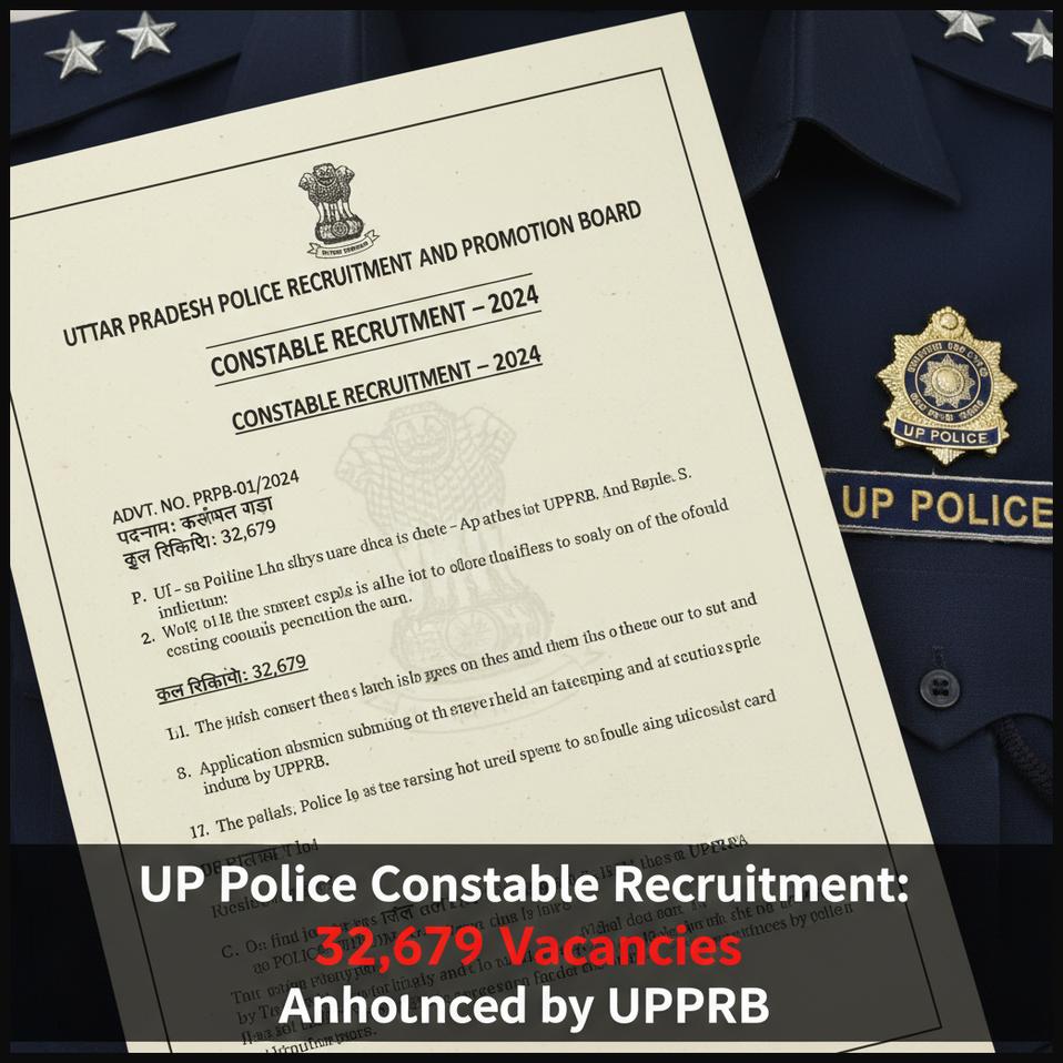 Official notification for UP Police Constable recruitment, showing details of 32,679 vacancies.