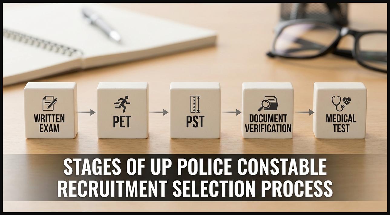 An educational infographic displaying the multi-stage selection process for recruitment, including tests and verification.