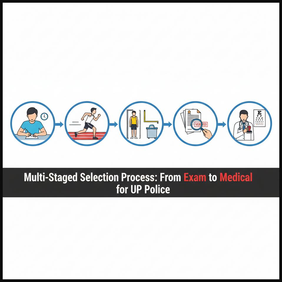 A visual flowchart showing the multi-stage selection process for UP Police Constable recruitment.