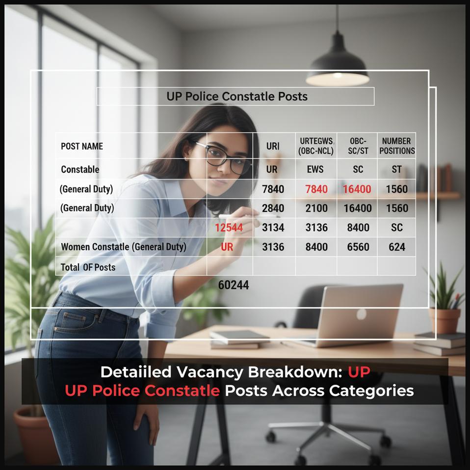 A detailed table showing the breakdown of UP Police Constable vacancies by category and post name.
